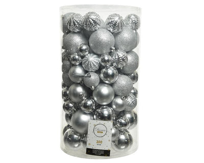 Decoris onbreekbare kerstballenmix van kunststof, koker van 100 stuks, zilver