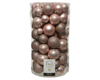 Decoris onbreekbare kerstballenmix van kunststof, koker van 100 stuks, poederroze