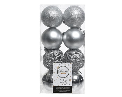 Decoris kerstbal kunststof mix zilver 16 delig