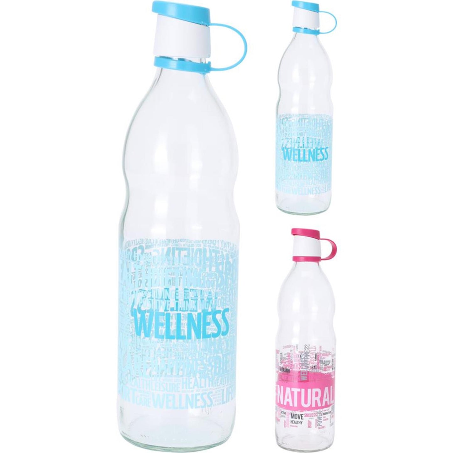 Excellent houseware fles glas 1l met tekst in roze of blauw