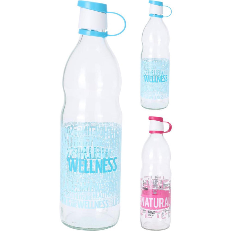 Excellent houseware fles glas 1l met tekst in roze of blauw