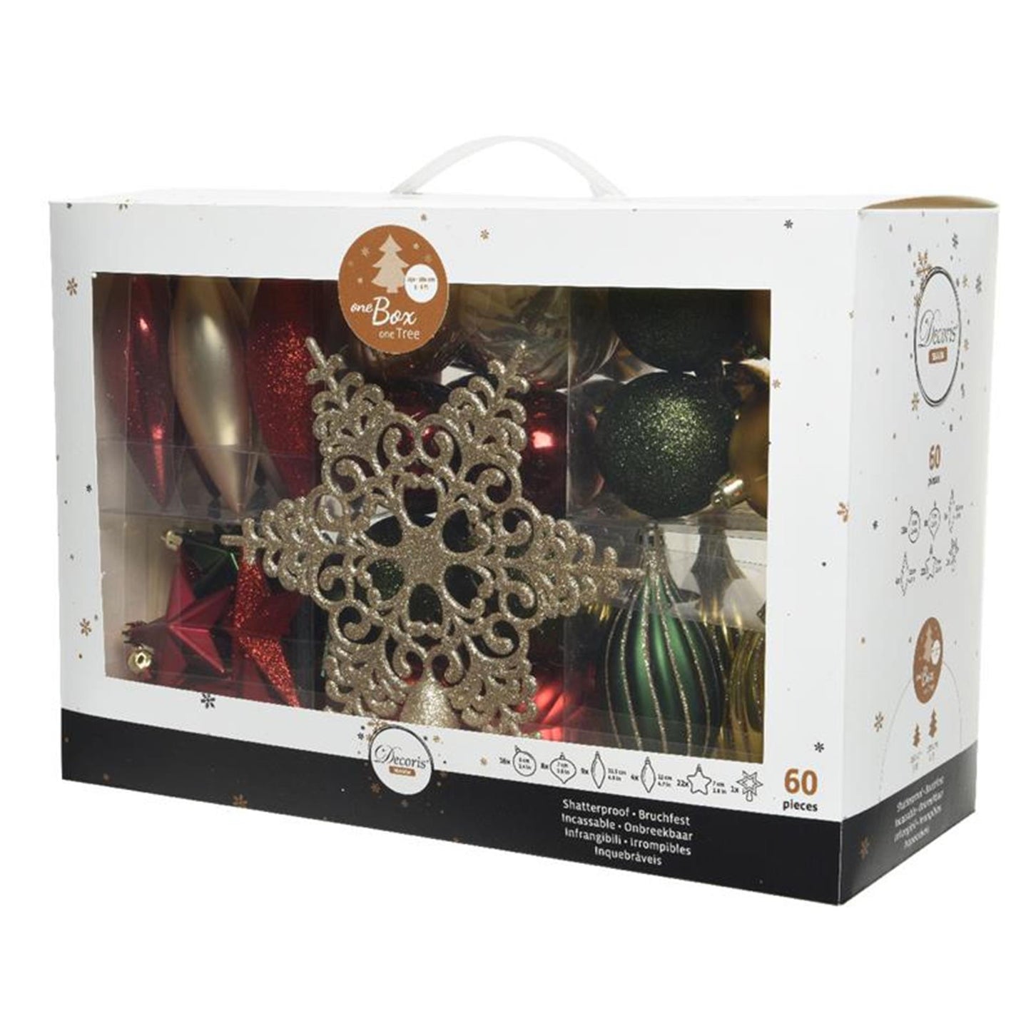 Decoris onbreekbaar kerstballenset 59 assorti ballen met 1 piek pine green ossenbloed lichtgouden parel