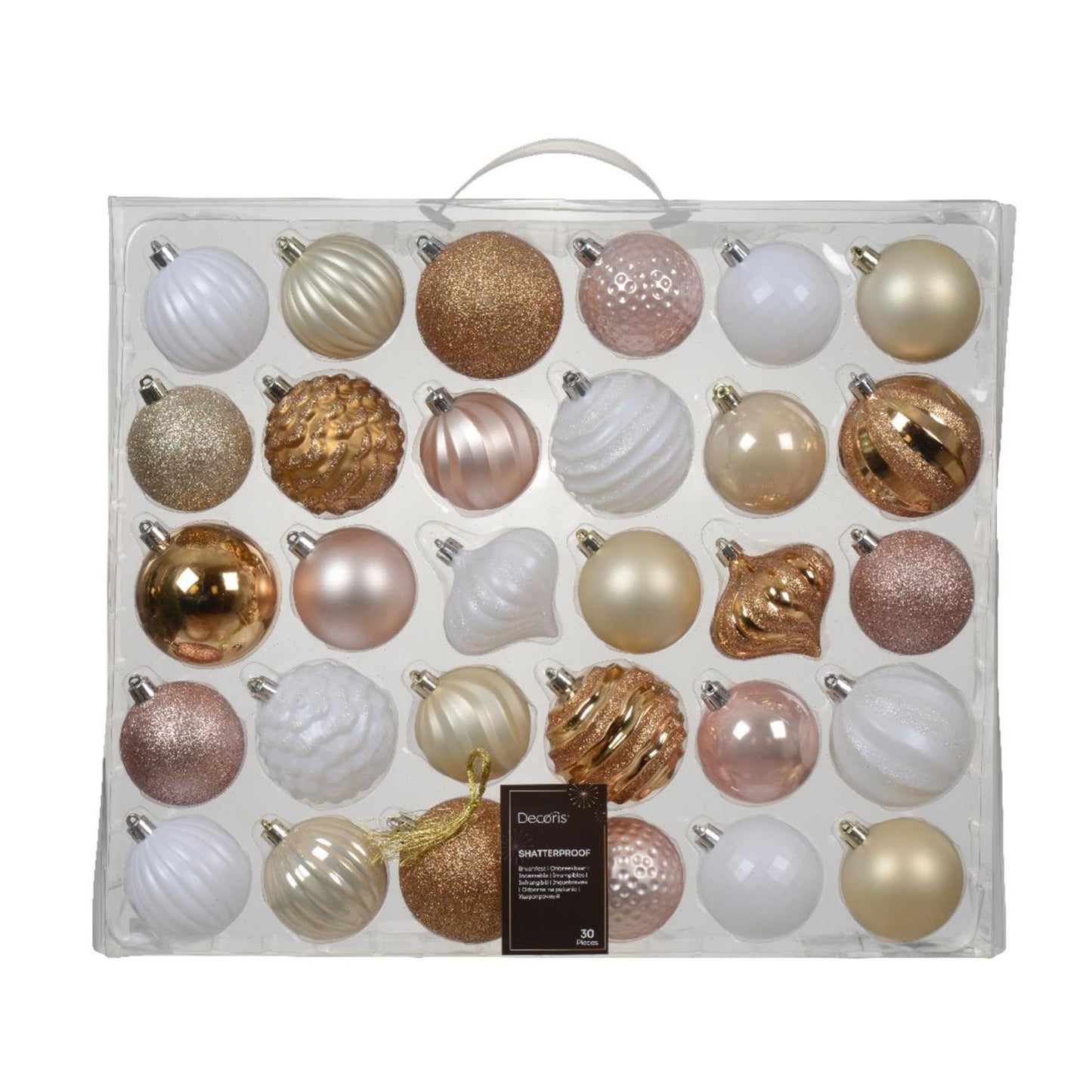 Decoris kerstballenset van kunststof in roze wit goud box a 30 ballen