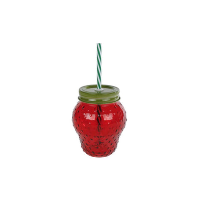 Aardbei drinkglas met rietje 10,5x10,5x12,5cm aardbei