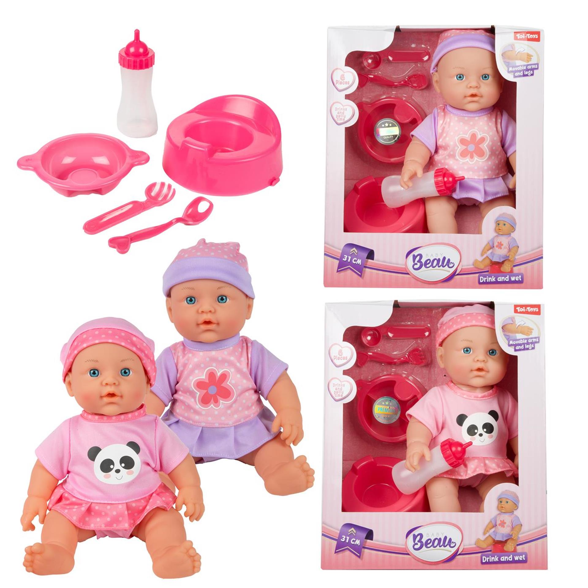Toi-toys beau babypop 31cm met accessoires eetset+flesje+potje 2 assorti