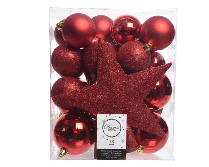 Decoris kerstballenset kunststof kerstrood 32 st