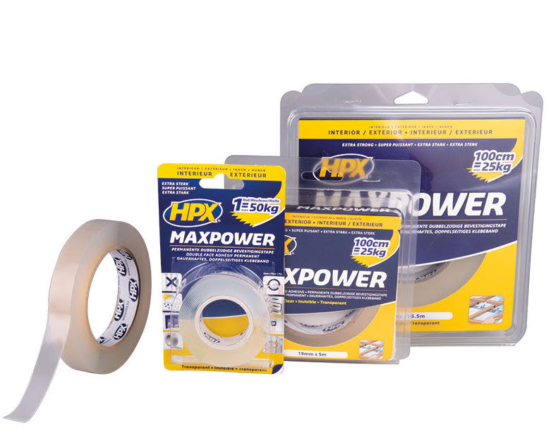Hpx producten dubbelzijdig plakband maxpower transparant 19mm x 2m
