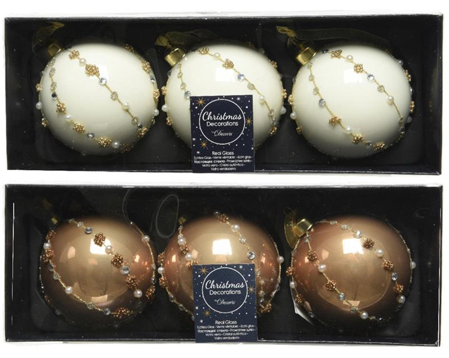 Decoris gedecoreerde kerstballenset van glas set a 3 ballen dia 8cm in kleuren wol wit of camel brown