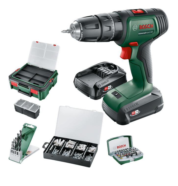 Bosch groen universalimpact 18v | accuklopboorschroevendraaier | 1.5 ah + 2.5 ah accu + lader | + systembox en accessoires 06039d4107