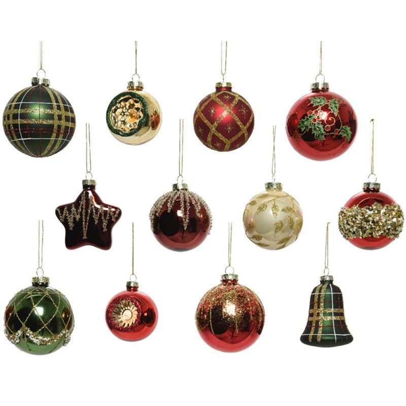 Decoris kerstballen mix glas 12 stuks kerstkleur