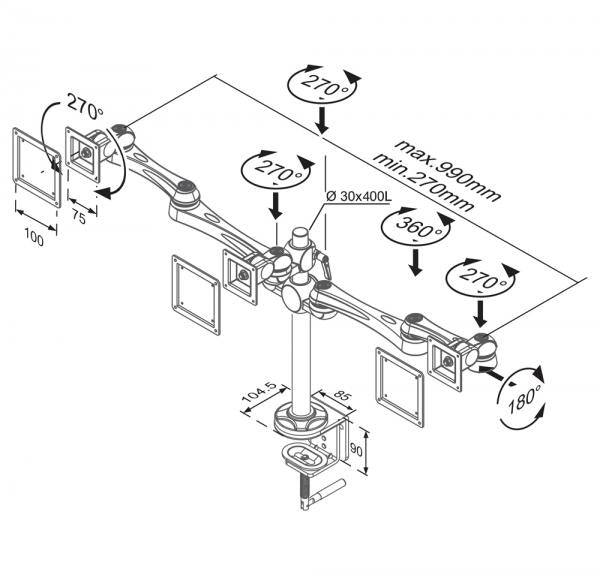 Neomounts neomounts fpma-d930d dual lcd led tft bureausteun, 2x 10-30 , 15 kg, 0-50 cm, 75x75, 100x