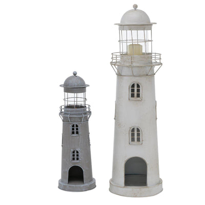 Boltze home lantaarn vuurtoren grijs-wit glas metaal set 2-delig h54-75cm