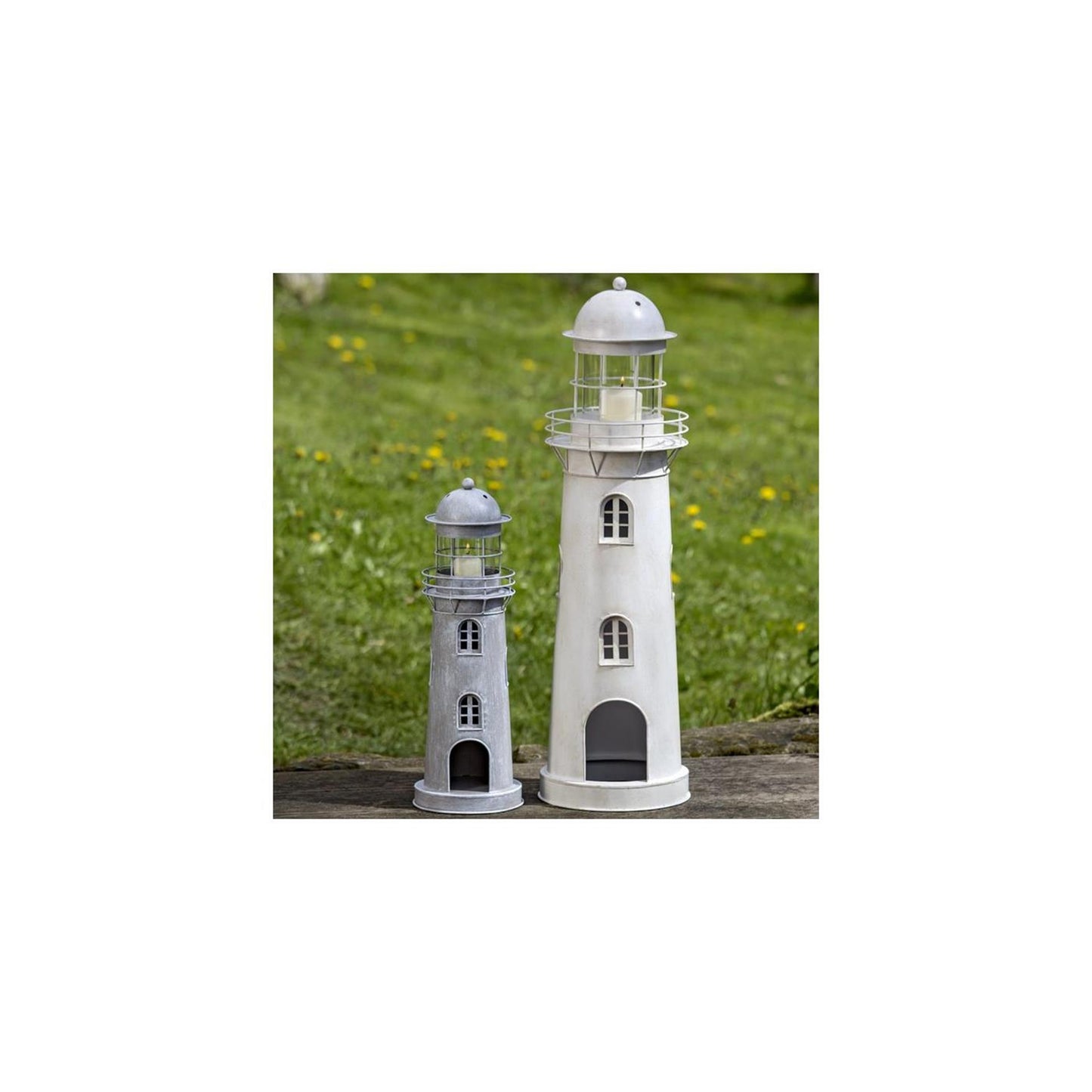 Boltze home lantaarn vuurtoren grijs-wit glas metaal set 2-delig h54-75cm