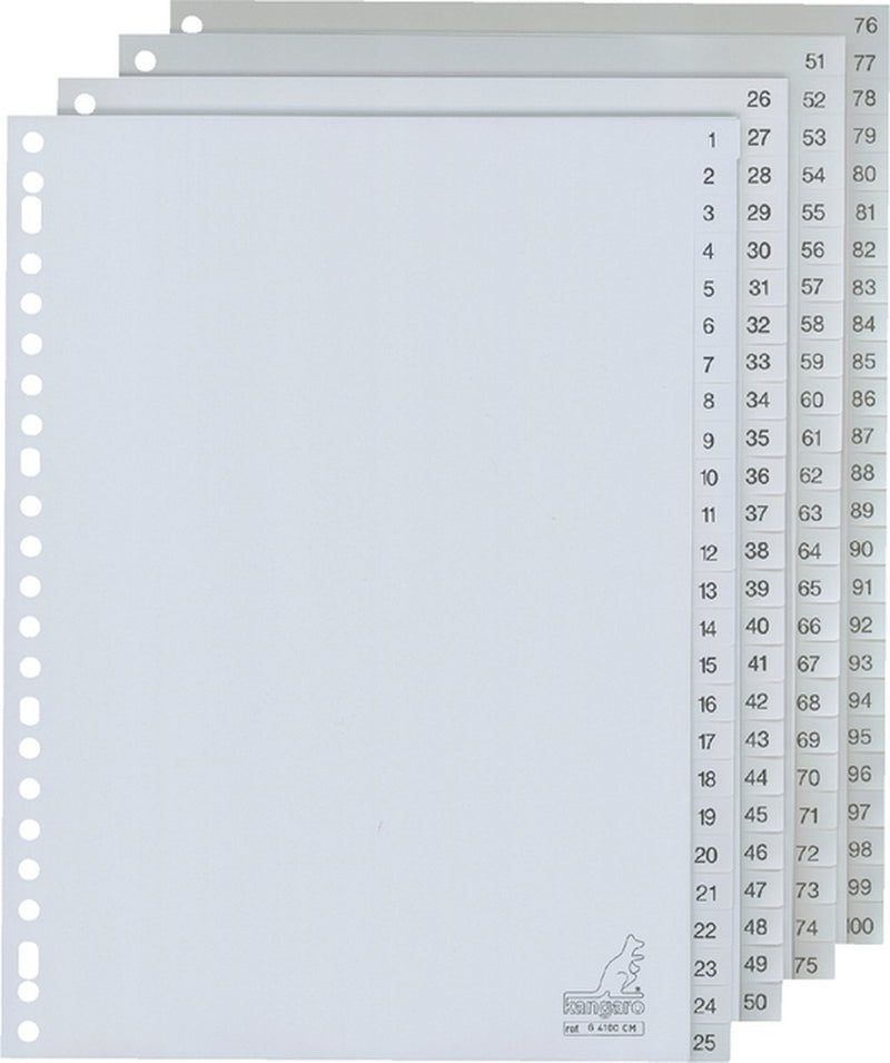 Kangaro tabbladen - a4 - pp 120 micron - grijs - 23-gaats - 100-delig cijfers