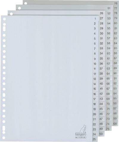 Kangaro tabbladen - a4 - pp 120 micron - grijs - 23-gaats - 100-delig cijfers