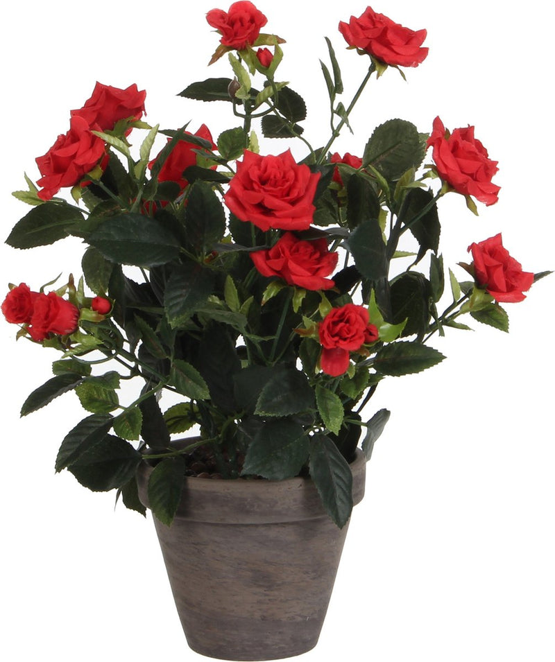 Mica decorations kunstplant - rozen - rood - in grijze pot - 33 cm