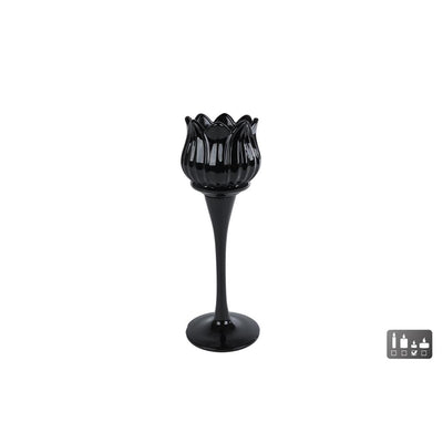 Cosydecor theelichthouder tulp zwart glas 7x7x22cm