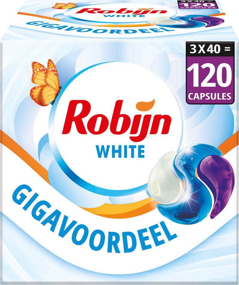 Robijn - wasmiddel - 3-in-1 wascapsules - stralend wit - 3 x 40 stuks - 120 wasbeurten - voordeelverpakking