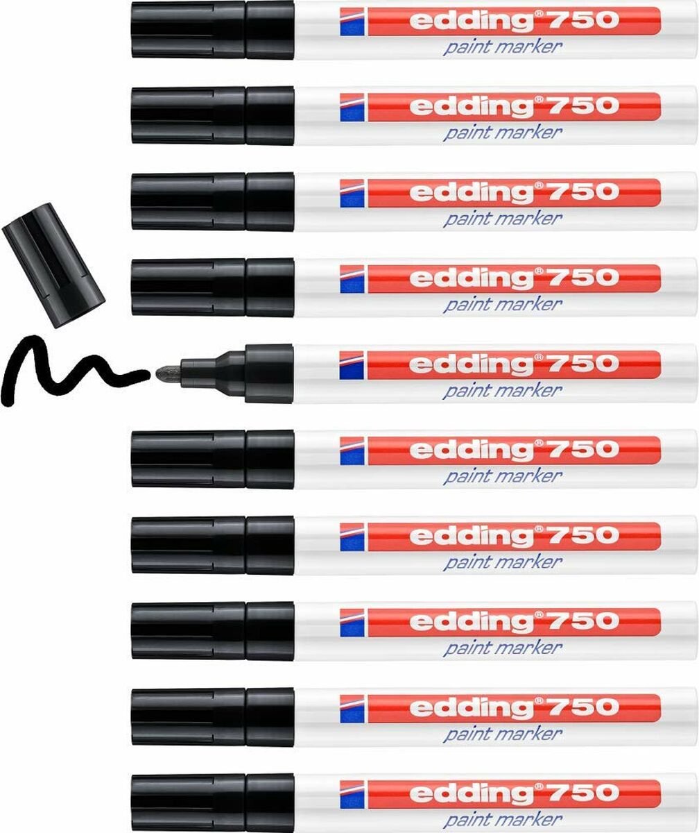 Edding 750 lakmarker - zwart - ronde punt 2-4 mm - doosje van 10 stuks - verfstift voor markeren en labelen van metaal, glass, steen of plastic - hittebestendig, permanent, veegvast en watervast