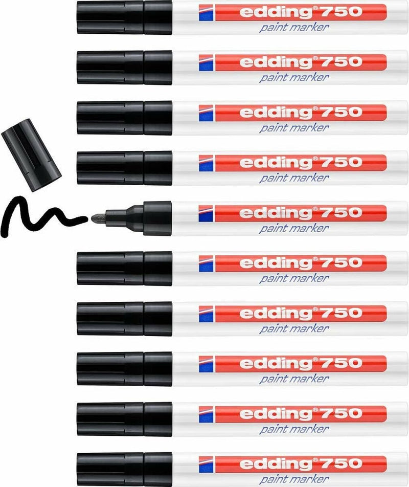 Edding 750 lakmarker - zwart - ronde punt 2-4 mm - doosje van 10 stuks - verfstift voor markeren en labelen van metaal, glass, steen of plastic - hittebestendig, permanent, veegvast en watervast