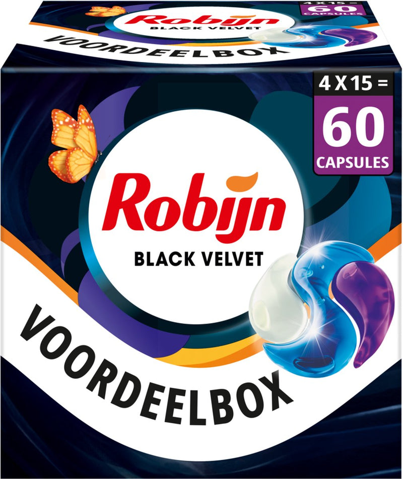 Robijn - wasmiddel - 3-in-1 wascapsules - black velvet - 4 x 15 stuks - 60 wasbeurten - voordelverpakking