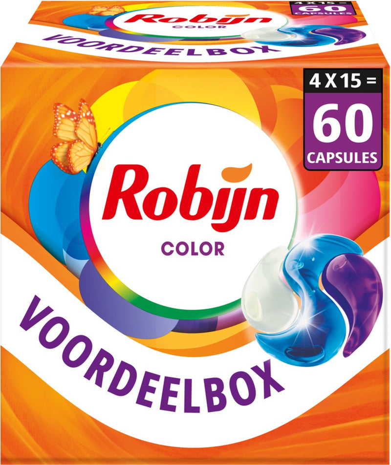 Robijn - wasmiddel - 3-in-1 wascapsules - color - 4 x 15 stuks - 60 wasbeurten - voordeelverpakking