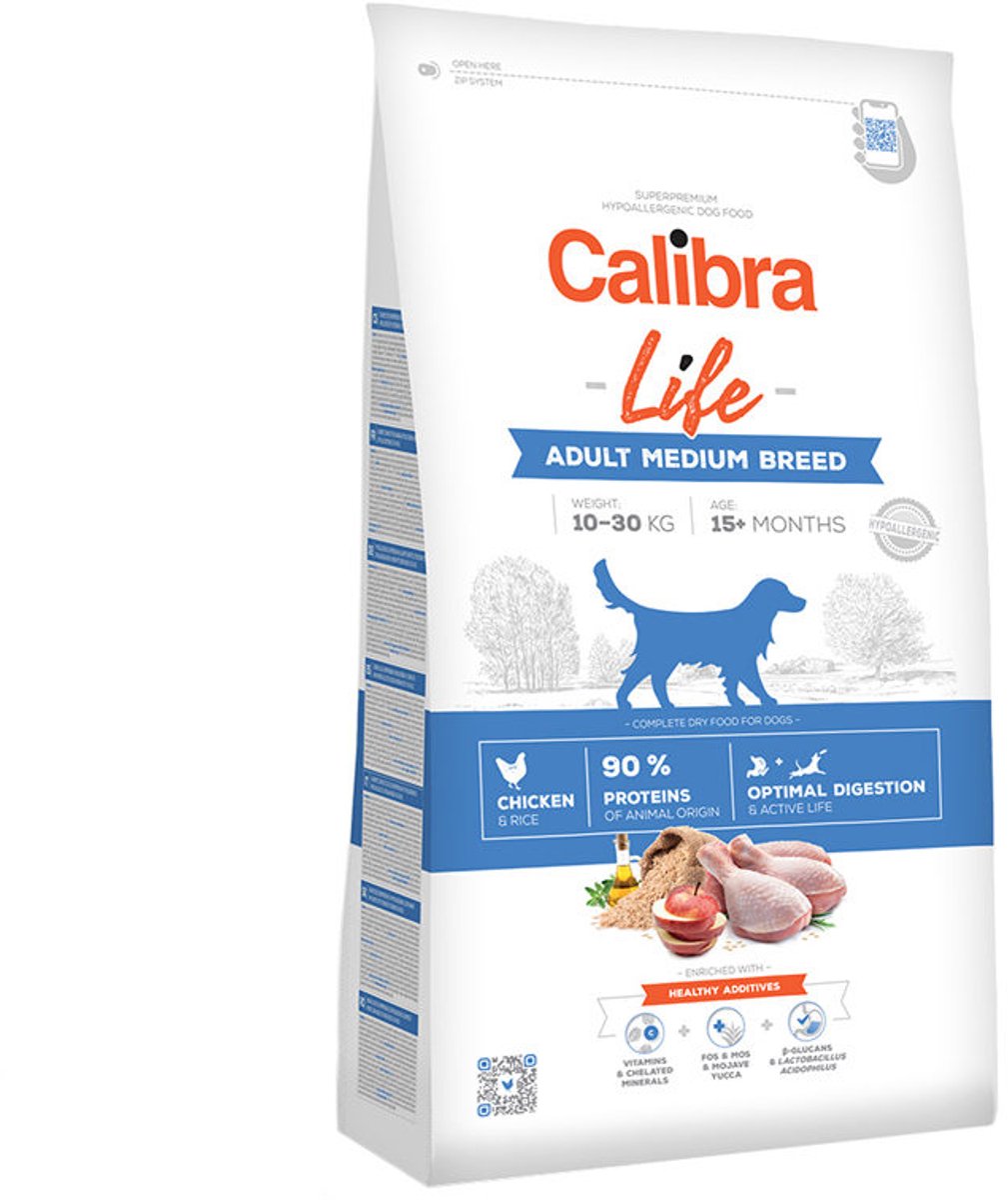 Calibra dog life adult medium breed - hondenvoer - kip - 12 kg - hypoallergeen - voor volwassen middelgrote rassen
