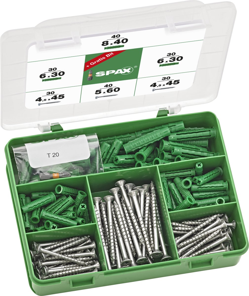 Spax indoorassortiment, schroevenset met 2 afmetingen + pluggen, 200 stuks, verzonken kop, t-star plus, wirox - 5000009100109
