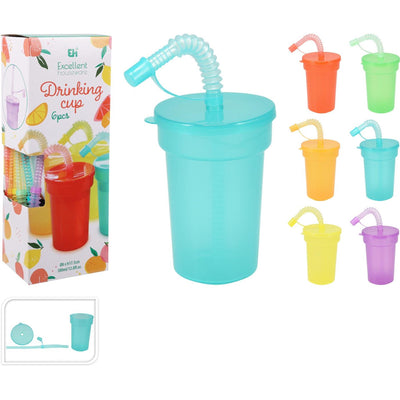 Excellent houseware gekleurde drinkbekers met rietje, 6st.
