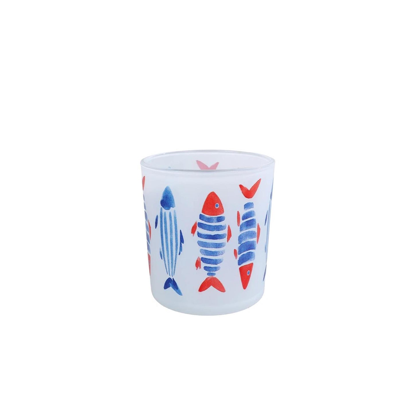 Theelichthouder fish s blauw rood glas 7,5x7,5x8cm