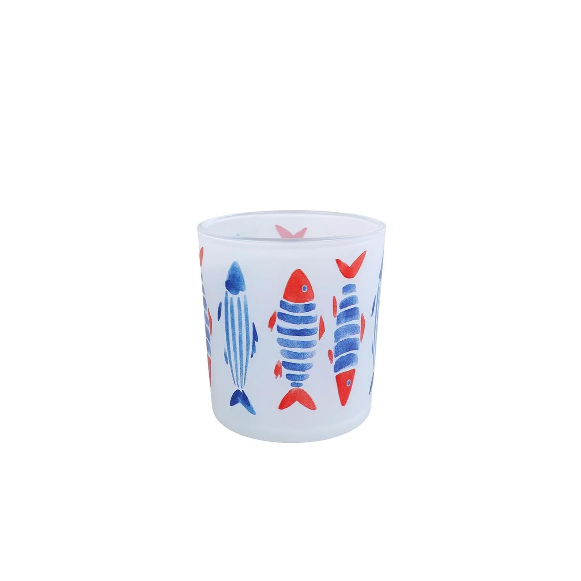 Theelichthouder fish s blauw rood glas 7,5x7,5x8cm