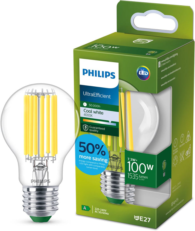 Philips led philips ultra efficient led lamp transparant - 100 w - e27 - koelwit licht