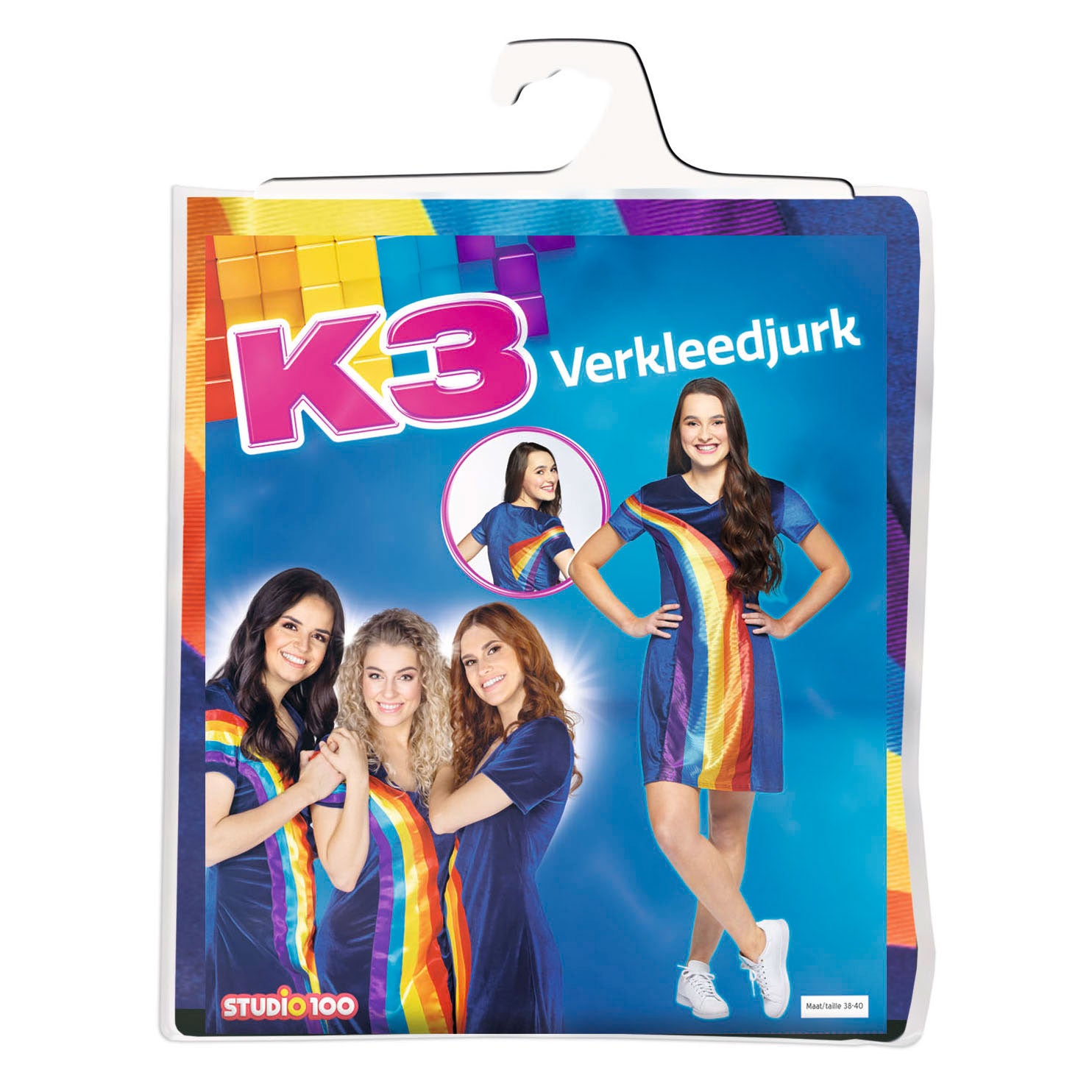 Studio 100 k3 verkleedjurk - regenboog blauw - volwassen maat 38-40