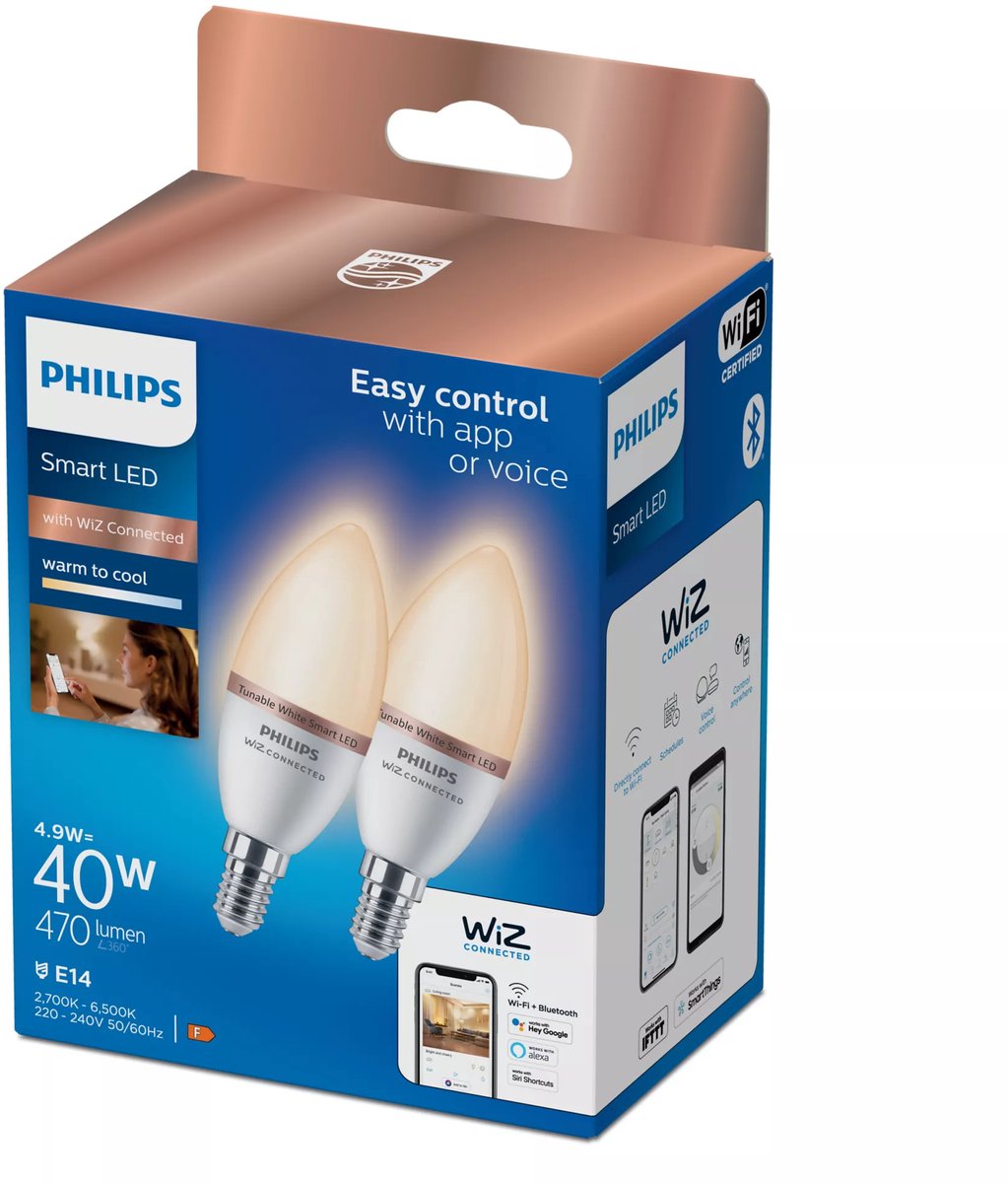 Philips smart lighting - led-kaarslamp - e14 fitting - warm- tot koelwit licht - dimbaar - 2 pack - 40w - kaarslamp: c37 - wifi