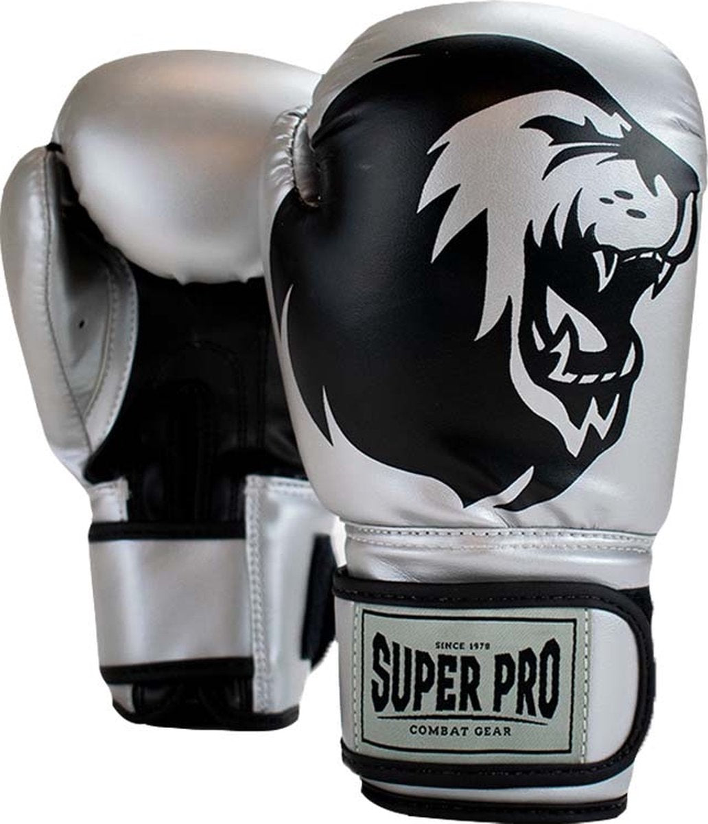 Super pro combat gear talent (kick)bokshandschoenen zilver zwart 6oz