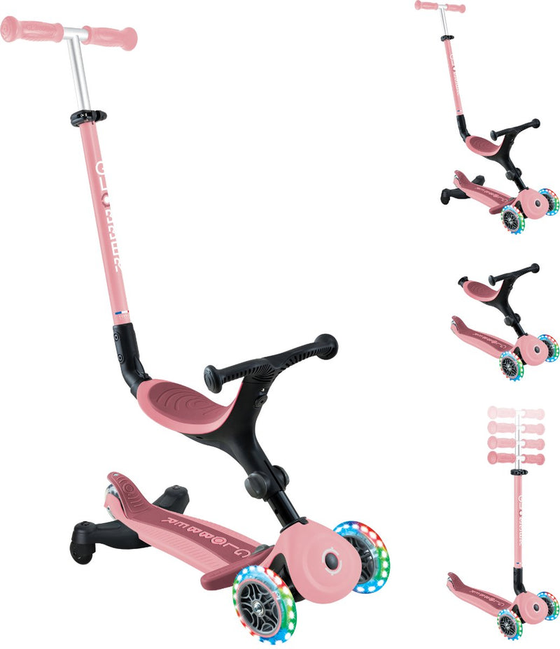 Globber meegroeistep - go up active lights pastel pink 360 - roze - lichtgevende wielen - met duwstang - in hoogte verstelbaar - vanaf 15 maanden tot 9 jaar