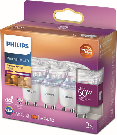 Philips led energiezuinige spot - 50 w - gu10 - dimbaar warmwit licht - 3 stuks - bespaar op energiekosten