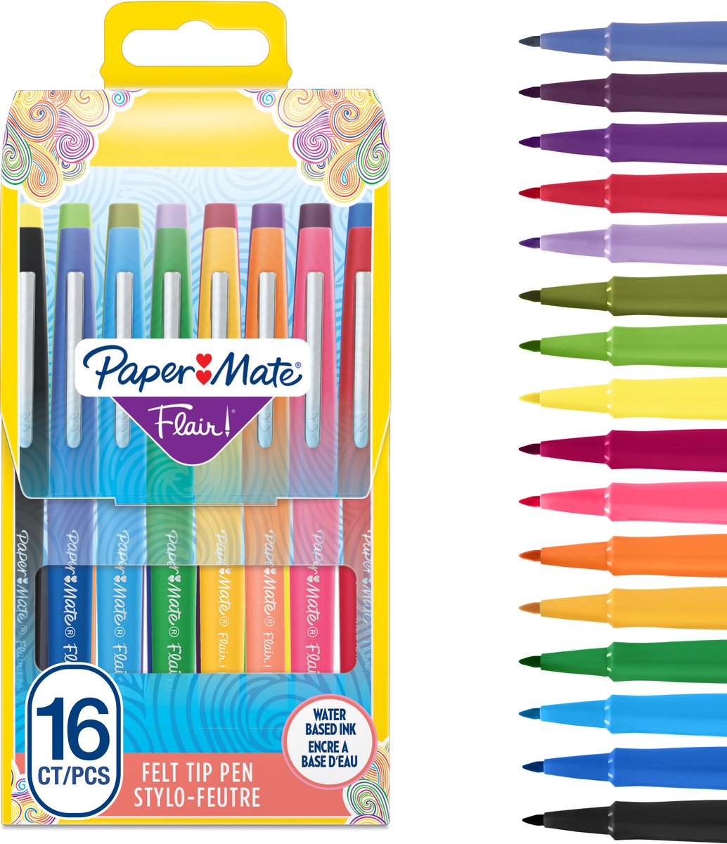 Paper mate flair-viltstiften | medium punt (0,7 mm) | diverse kleuren | etui met 16 stuks