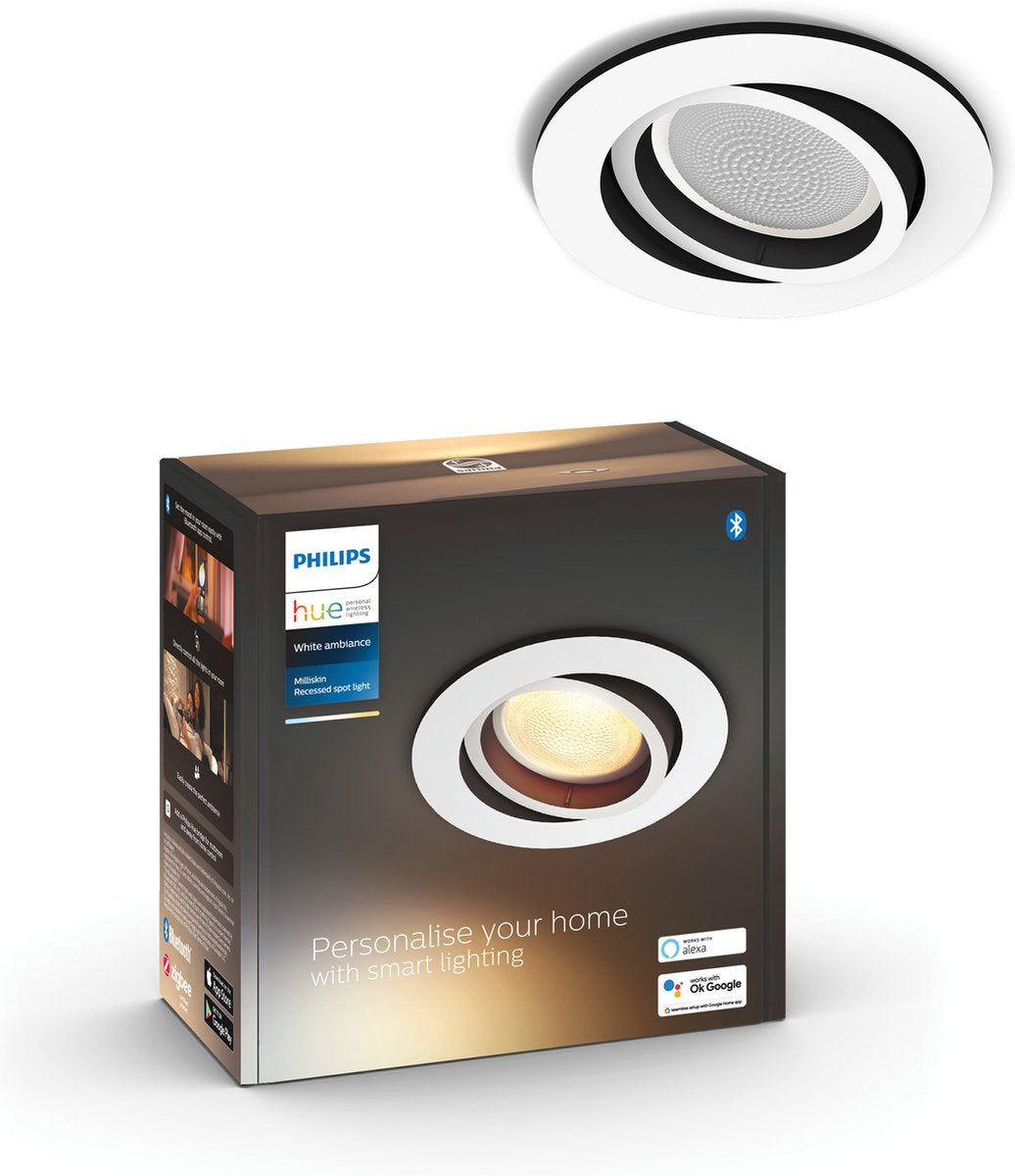 Philips hue milliskin recessed inbouwspot uitbreiding - warm tot koelwit licht - gu10 - wit - 5w - rond - bluetooth