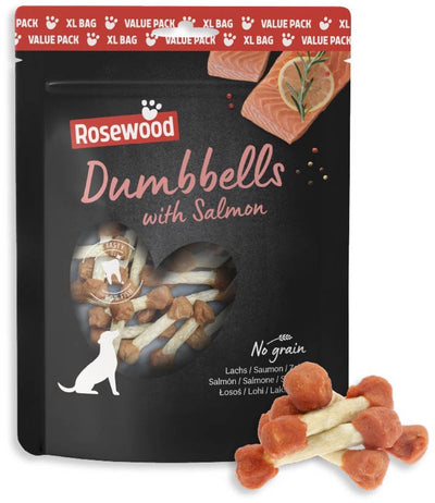 Rosewood dumbbells hondensnack zalm 400 g - kauwbotjes runderhuid - kauwsnack hond - graanvrij