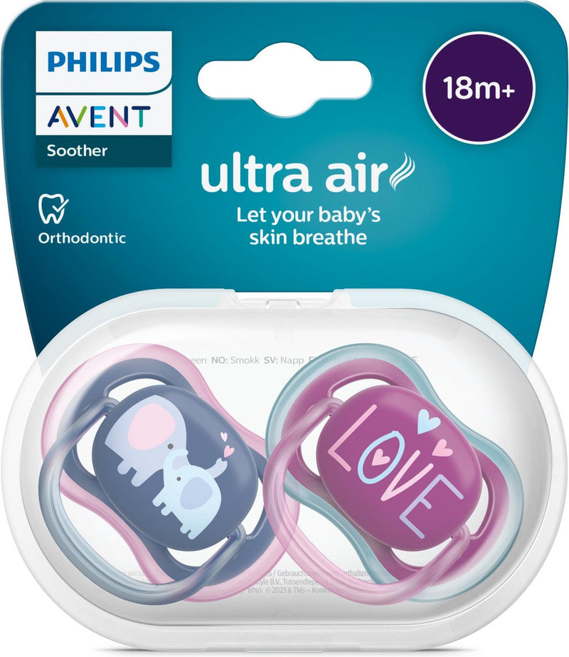 Philips avent ultra air fopspeen - ouder dan 18 maanden - 2 speentjes - donkerblauw paars olifant love - scf349 22