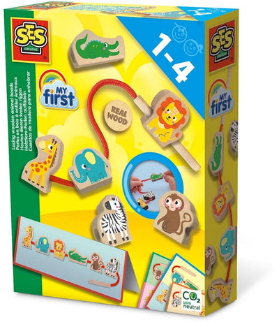 Ses creative - my first - houten kralen rijgen - met rijgkoord en dieren kralen - inclusief voorbeeldkaarten – motorisch speelgoed 1 tot 4 jaar