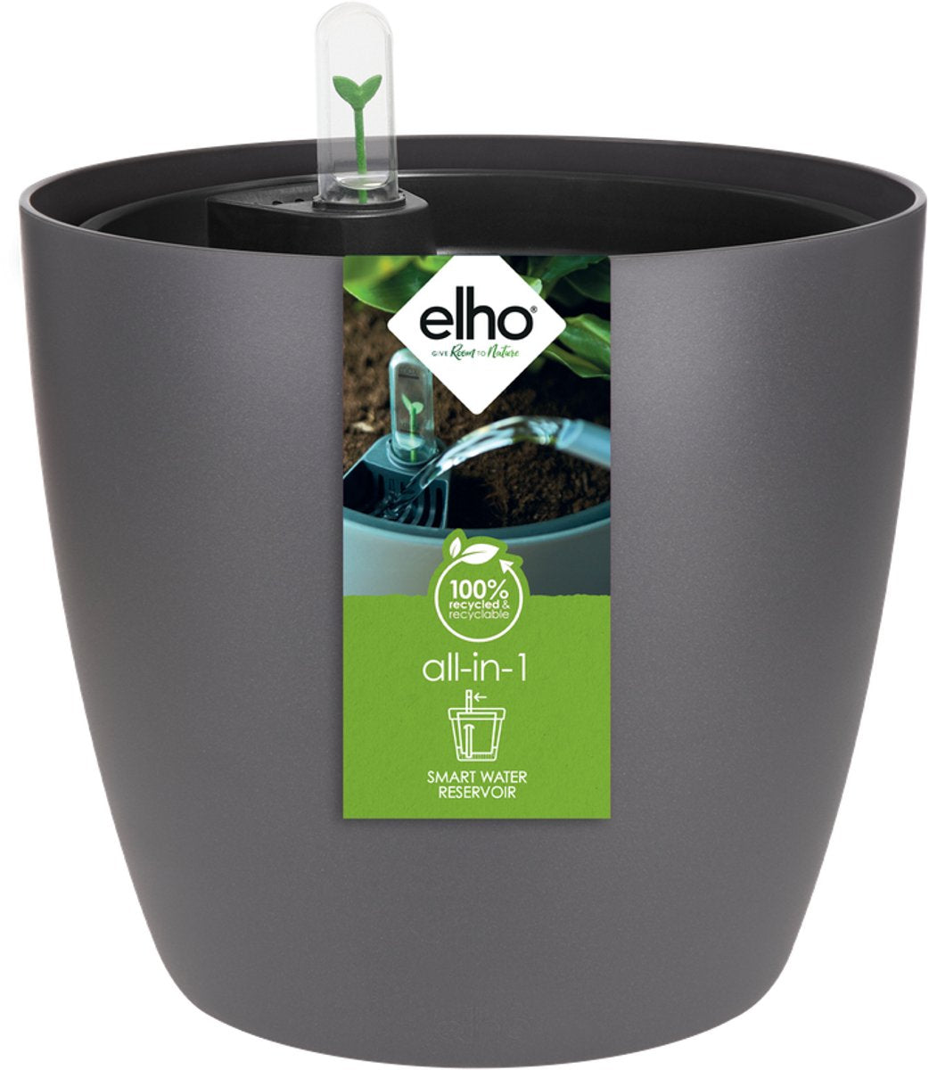 Elho all-in-1 brussel rond 25 + swi 24 - bloempot met watermeter - 100% gerecycled plastic - ø 25 cm - antraciet