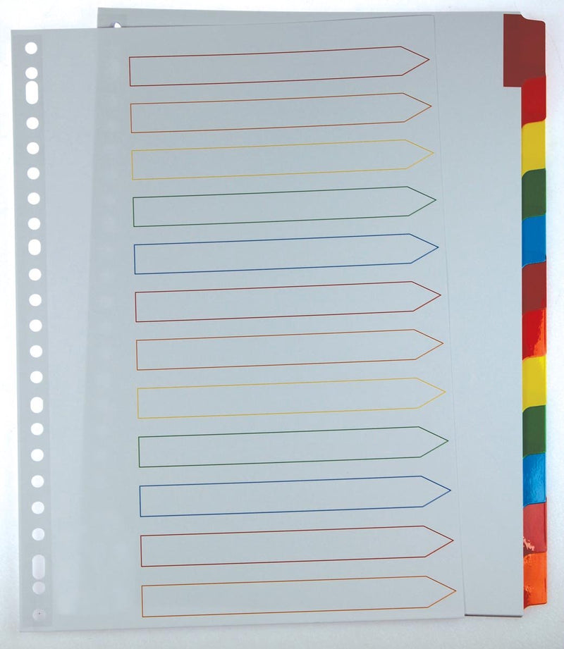 Pergamy tabbladen met indexblad, ft a4, 11-gaatsperforatie, geassorteerde kleuren, 12 tabs