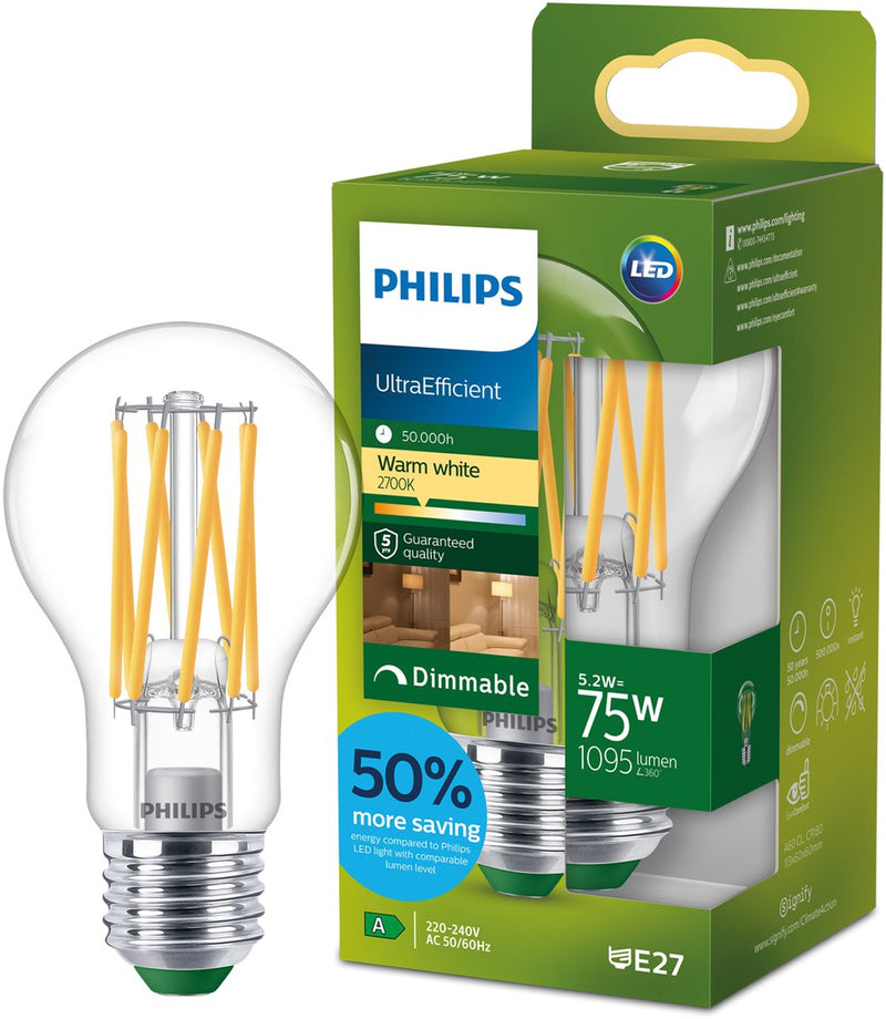 Philips led philips ultraefficient led lamp - 60w - e27 fitting - warmwit licht: 2700k - mat glas - p45 kogellamp - lange levensduur