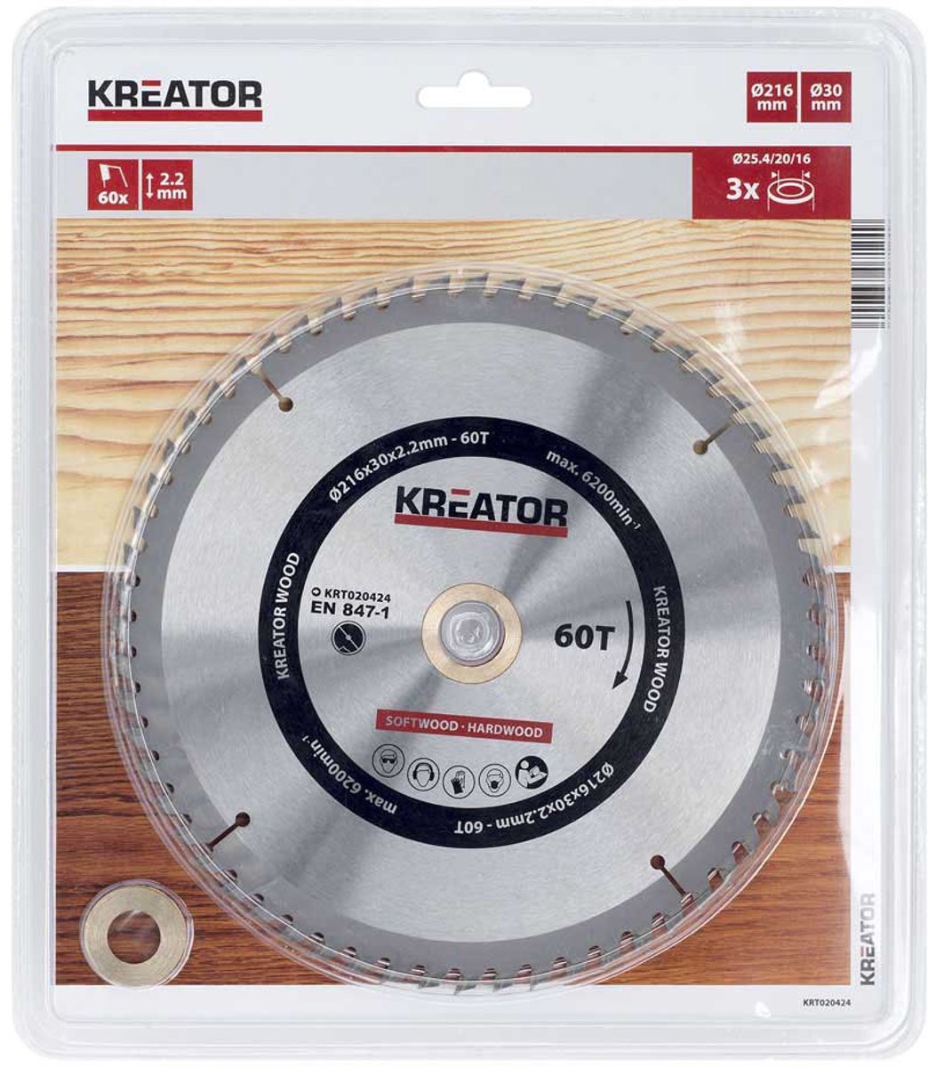 Kreator krt020424 zaagblad hout 216 mm - 60t