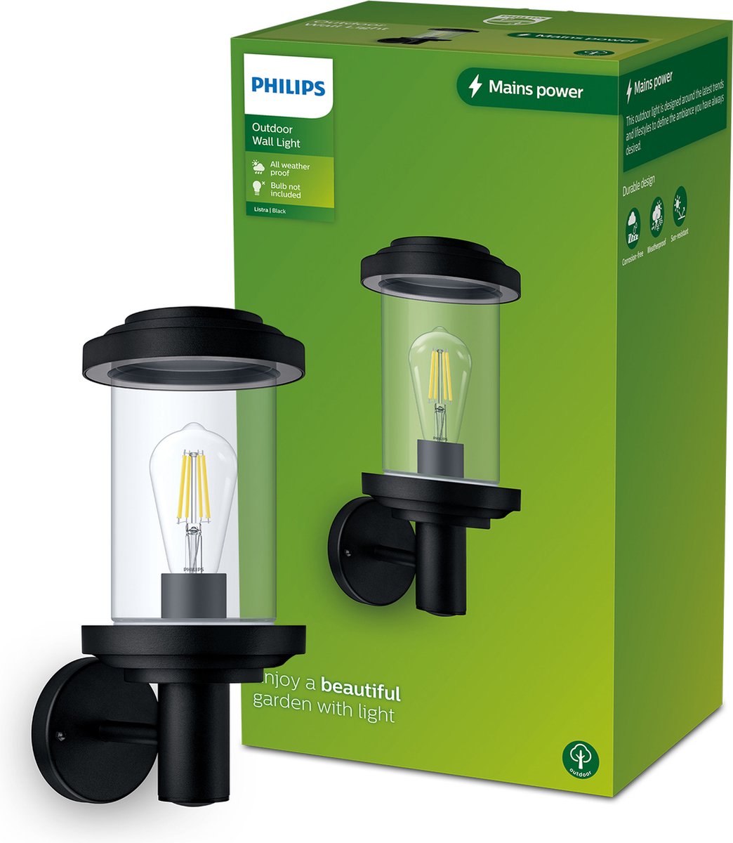 Philips led philips listra wandlamp - zwart - e27