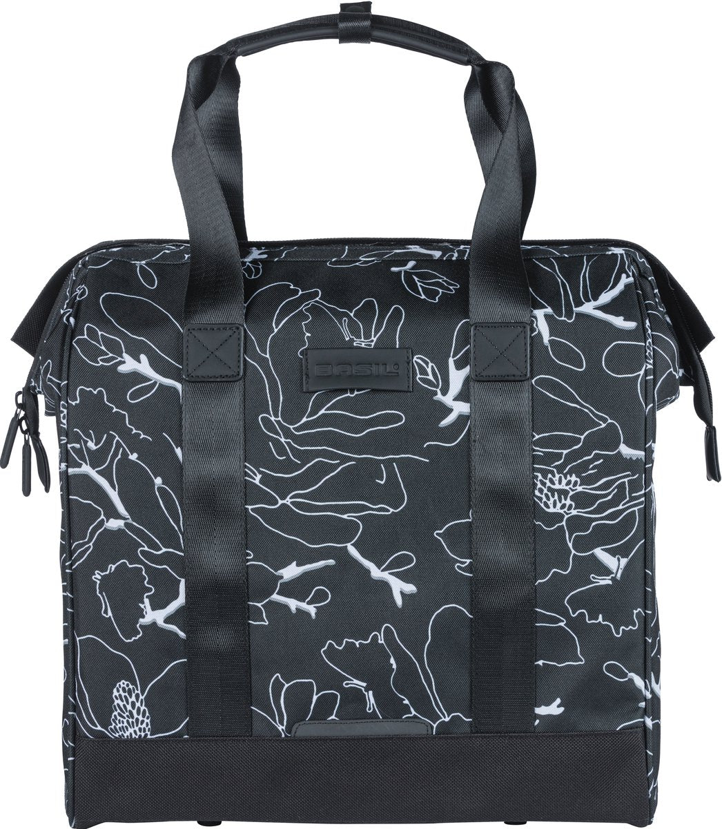 Basil Grand Flower fietsshopper - zwarte waterafstotende tas met laptopvak - 23L