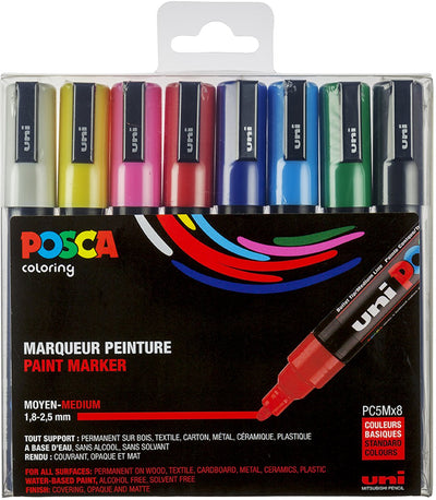 Posca paintmarker pc-5m - 1,8 - 2,5 mm - uni mitsubishi pencil - etui van 8 stuks in basiskleuren