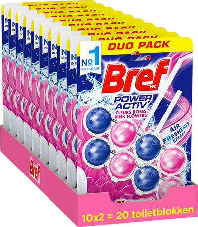 Bref - power activ - pink flowers - toiletblok - schoon en fris toilet - vuilbeschermer - voordeelverpakking - 10 x 2 stuks